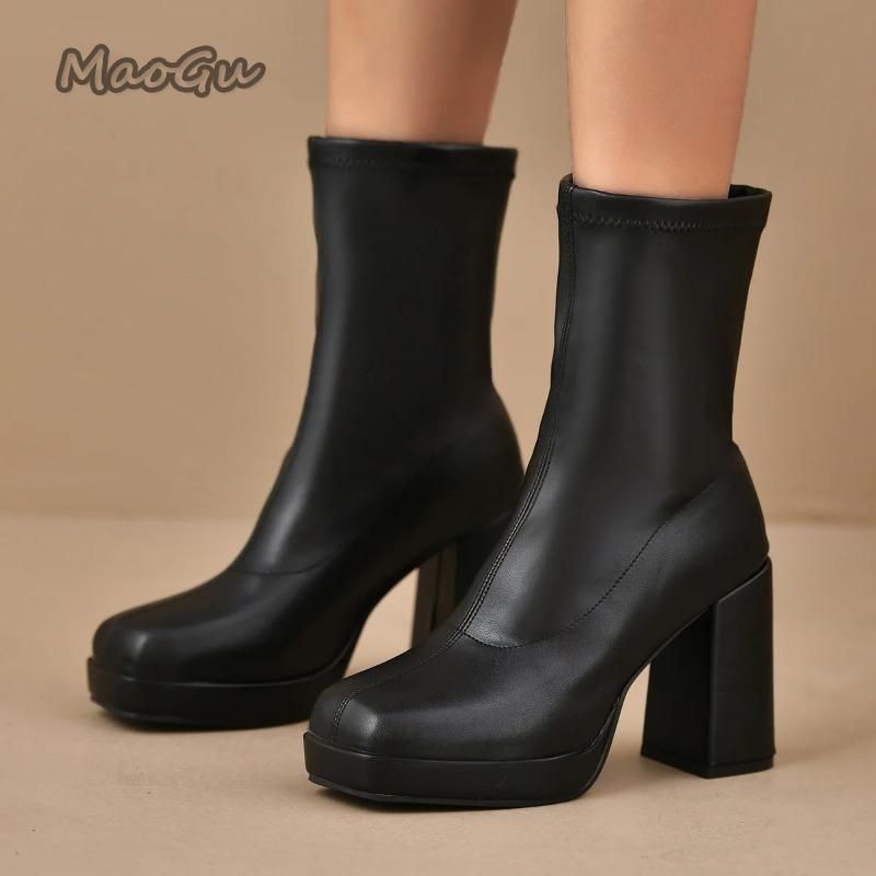 Fashion Pu Black Mid Calf Boots Women  Elegant Square Toe High Heel Chelsea Boots Botas Para Mujer Slip on Women's Botines