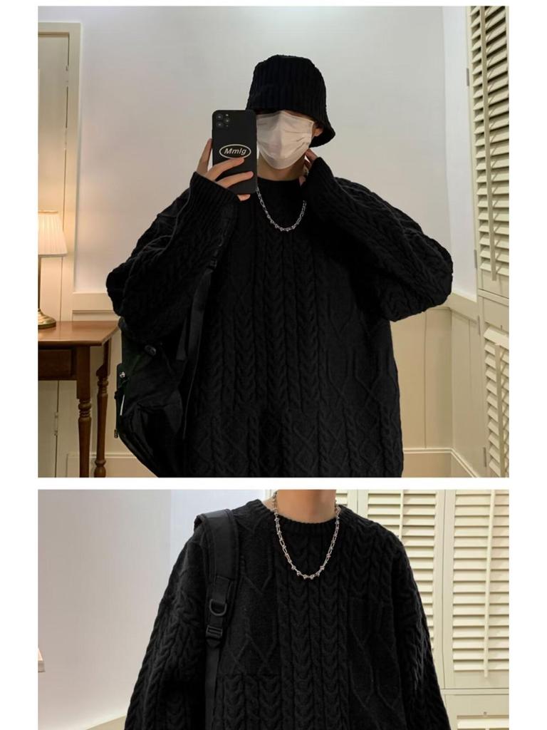 Men's Trendy Japanese Twisted Knit Sweater - Loose, Thickened, Round Neck for Autumn/Winter.