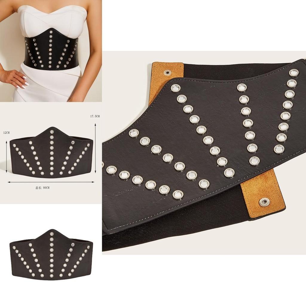 Stylish Elastic Faux Leather Waist Belt With Large Rhinestone Buckle For Dresses