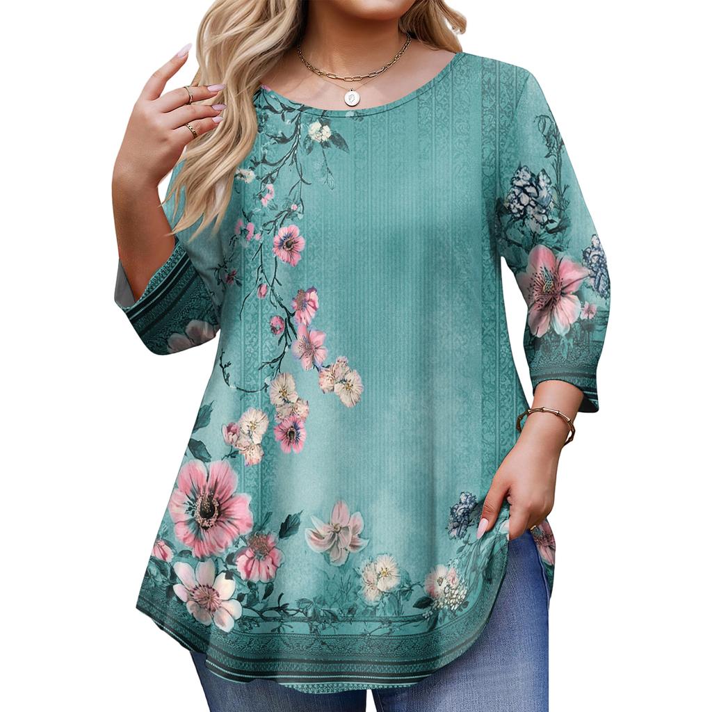 Top Moda da Donna Stampa Floreale Taglie Forti Manica 3/4 Orlo Arrotondato Girocollo