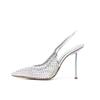 Fashion New Water Diamond Mesh Pointed Hollow Transparent Sandals 2024 Summer Women's French Spicy Girls High Heel Nude Shoes Size 43