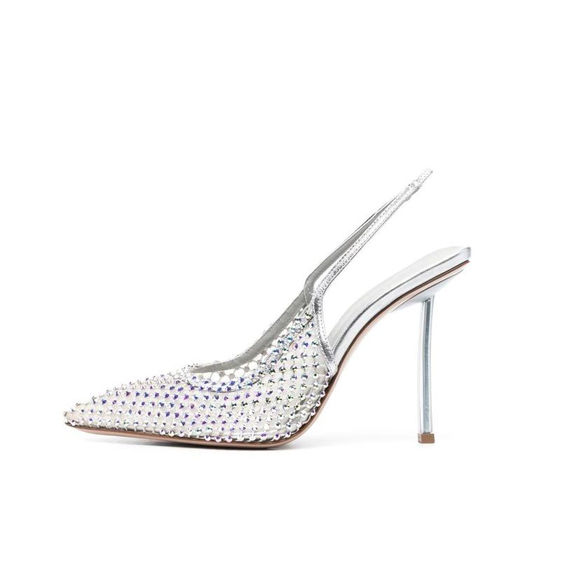 Fashion New Water Diamond Mesh Pointed Hollow Transparent Sandals 2024 Summer Women's French Spicy Girls High Heel Nude Shoes Size 43