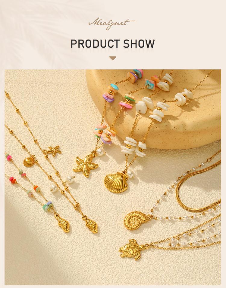 Summer Bohe Starfish Shell Conch Charms Pendant Neccklace for Women, 18k PVD Gold Plated Stainless Steel Beach Holiday Gift
