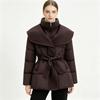Women's Short Cotton Patchwork Lapel Jacket - European & American Style 2026, Winter Waist-Cinching & Slimming with Belted Large Lapel