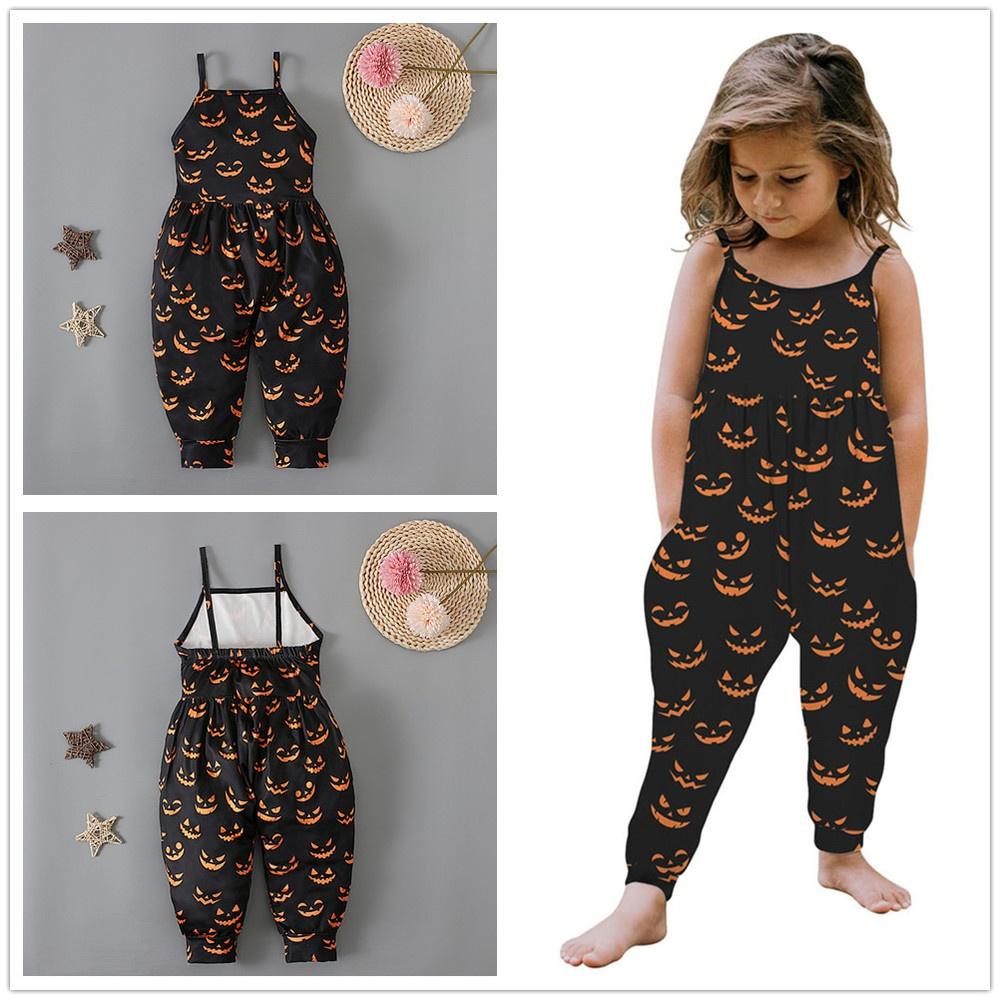 Halloween Pumpkin Skull Bat Cat Baby Kids Spaghetti Straps Romper Jumpsuit Children Clothes for 1-6 Years