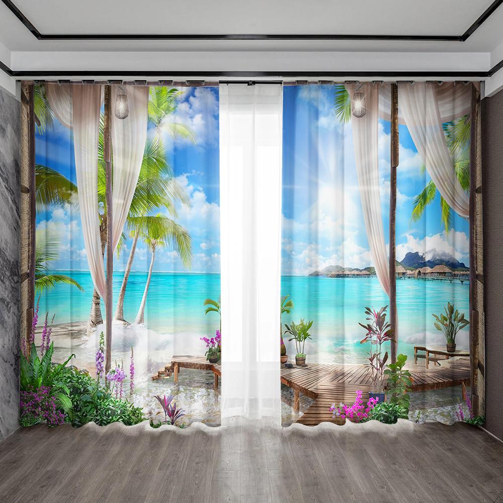 2PC Home Decoration Curtains, Beautiful Scenery With Pole Pocket Curtains, Kitchen, Coffee Shop, Living Room, Balcony, Garden