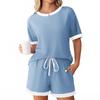 Women's Ribbed Short Sleeve Top and Shorts Set, Casual Loungewear with Contrast Trim, Multiple Color Options