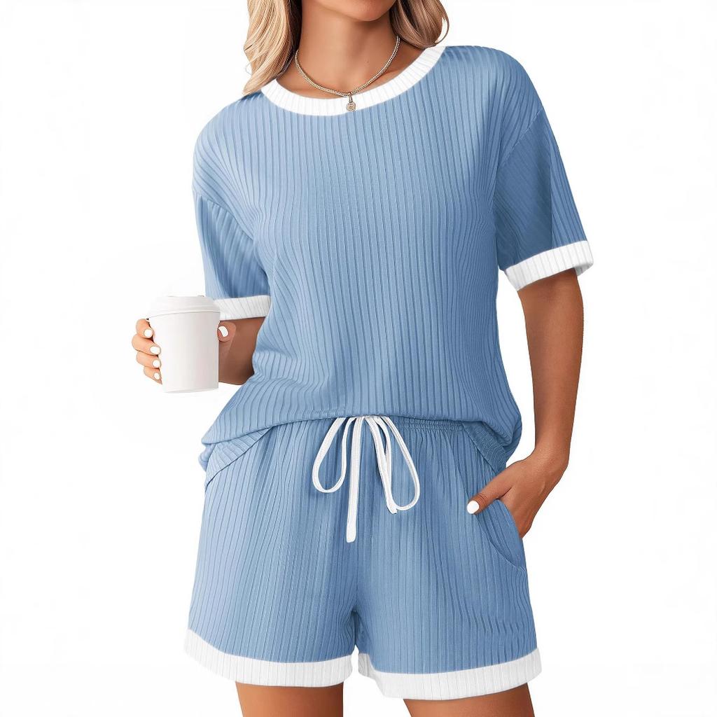 Women's Ribbed Short Sleeve Top and Shorts Set, Casual Loungewear with Contrast Trim, Multiple Color Options