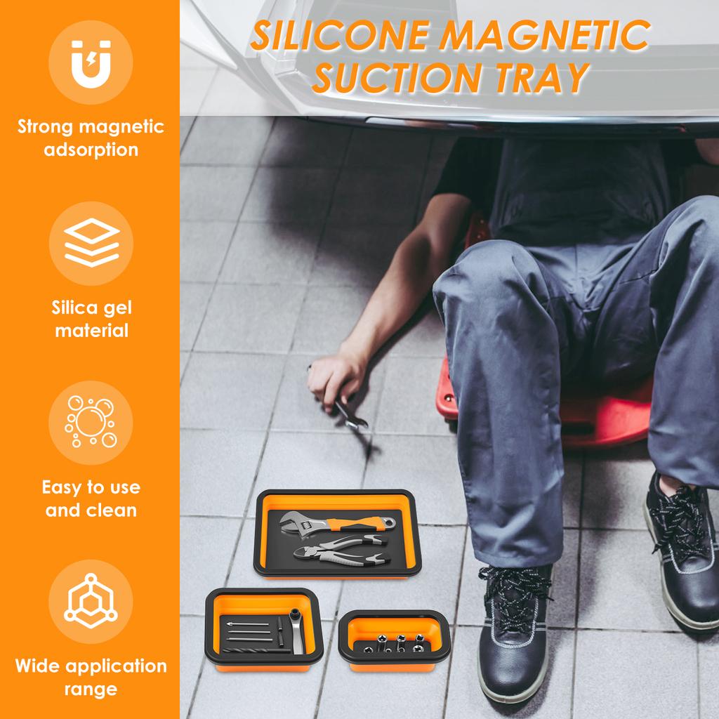 Collapsible Magnetic Parts Tray Set 3 Different Size Tool Silicone Trays for Screw, Bolts, Nuts, Washers, Pins and Other Parts