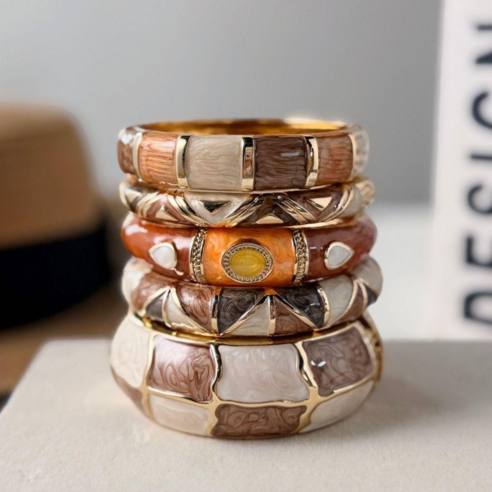 Drip Glaze Vintage Coffee Brown Enamel Wide Cuff Bracelet Stacking Open Bracelet Daily Party