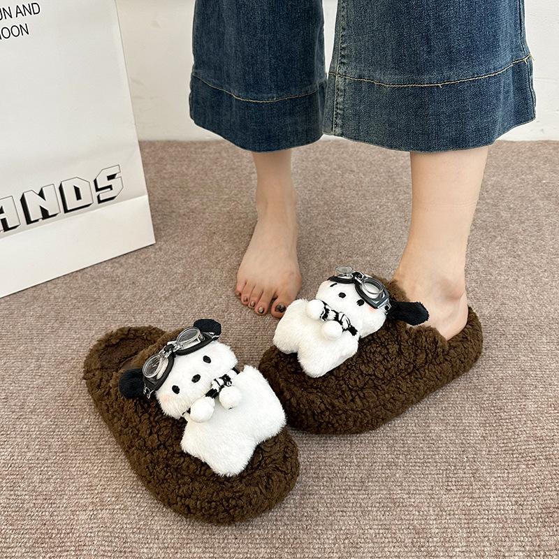 Cute cartoon glasses dog hair slippers women's 2025 autumn and winter new thick-bottomed versatile non-slip one-word cotton slippers