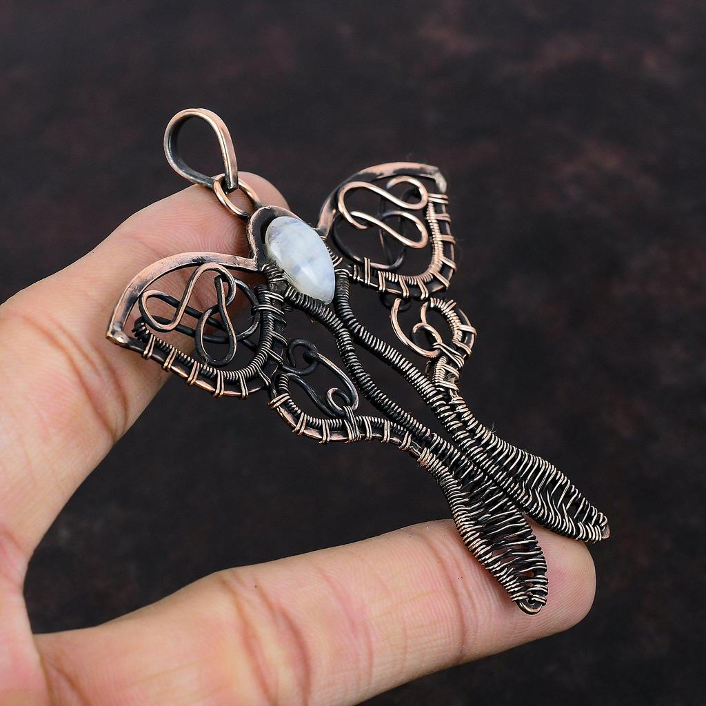 Rainbow Moonstone Pendant Copper Wire Wrapped Pendant Handmade Jewelry Butterfly Pendant Unique Copper Jewelry Gemstone Pendant Gift For Mom