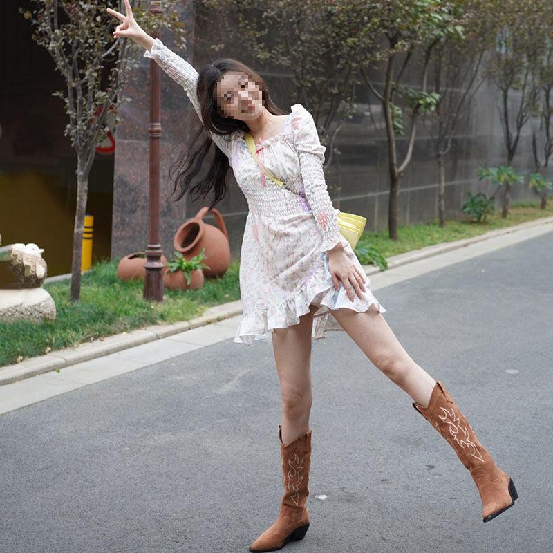 2025 Retro Chunky Heel Embroidered Pointed Toe Slip-on Western Cowboy Boots for Women