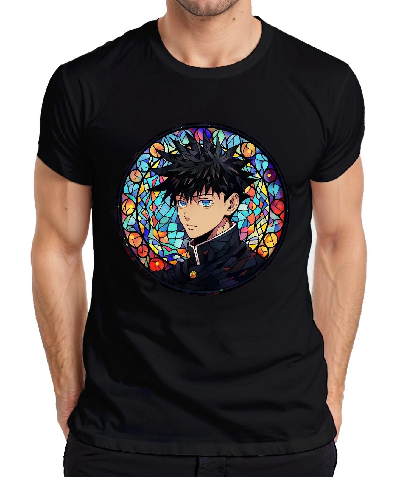 Anime Junge Blaue Augen Schwarze Haare Buntglas Fenster Mystisch Herren T-Shirt XXXXL