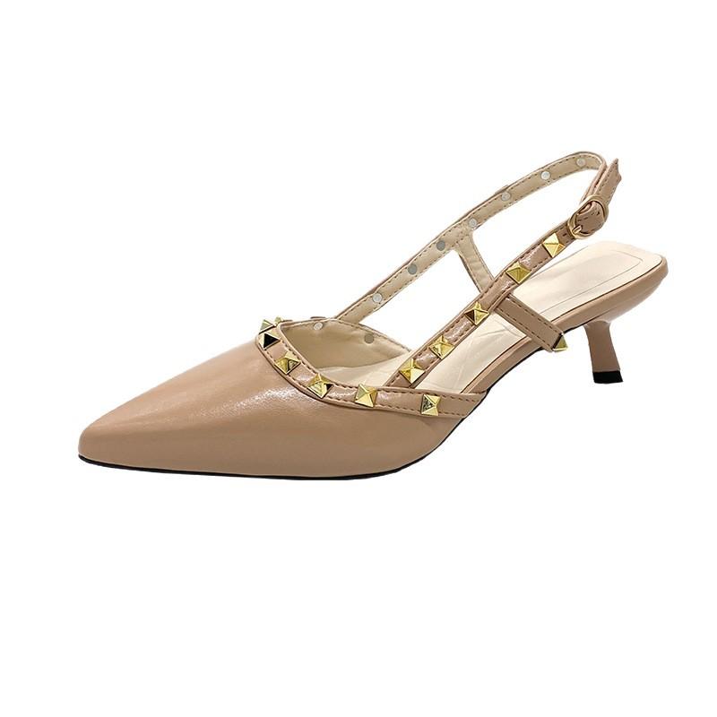 Baotou Sandals Women's Middle Heel Summer New Patent Leather Pointed Head Rivets Thin Heel Single Shoes One-word Buckle with Empty High Heels