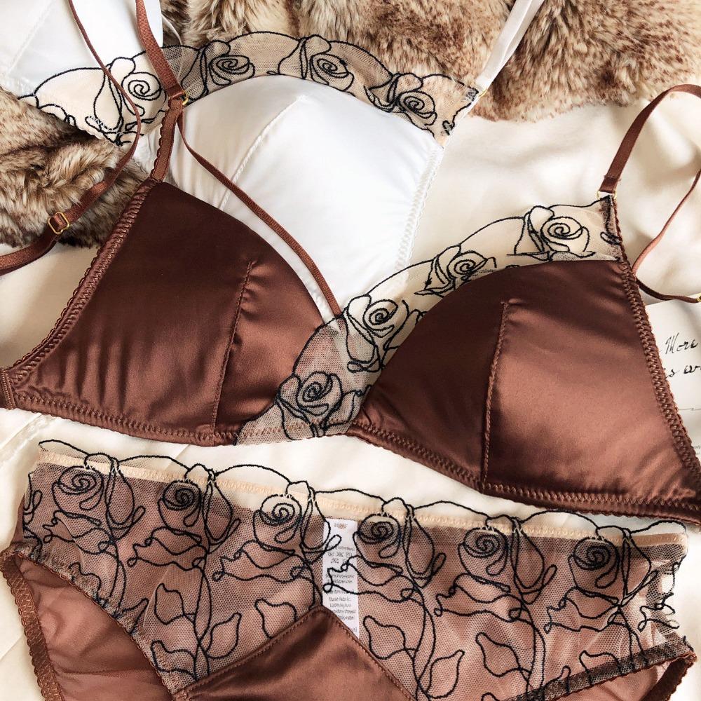 Summer Women Underwear Sexy Lace Embroidery Bra Set French Thin Cup Silken Wireless Bralette Ladies Lingerie Briefs With Thong