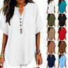 Women's Fashion Casual V-Neck Button Cotton Linen Pocket Short Sleeve T-Shirt Color