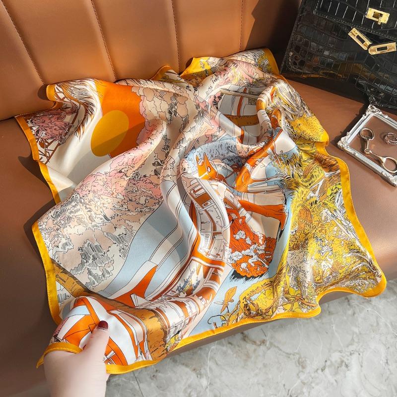 Spring new sunset carriage plain crepe satin silk scarf women's versatile mulberry silk small square scarf silk scarf