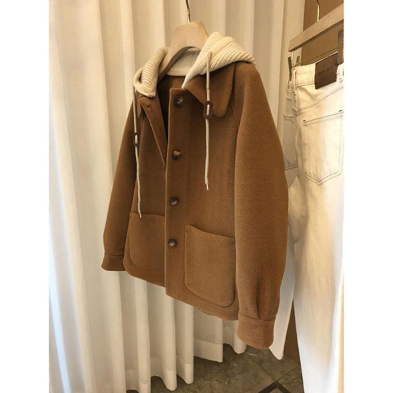 Plus Size Women's Hooded Patchwork Woolen Coat - Thick Spring/Autumn Two-Piece Cotton Jacket