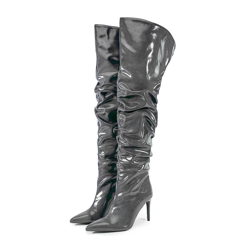 Fashion Sexy Solid Color Pleated Lazy Style Over The Knee Boots Autumn Winter Fashion Black Silver High-heel Women Long Boots Size 34-45