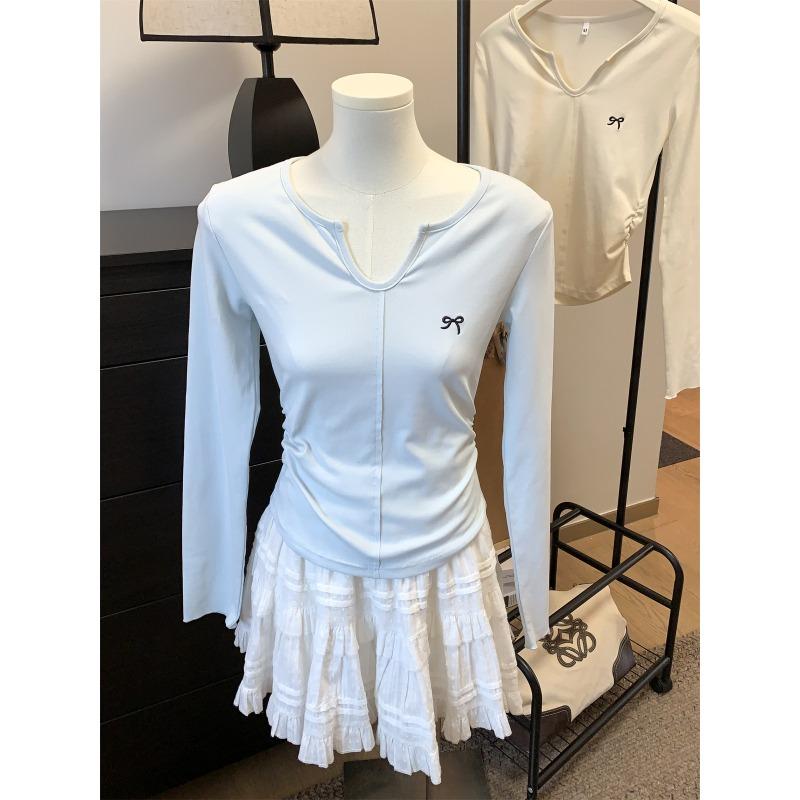 Small Neck Embroidered Splicing Bottom Shirt Women's Spring Waist Pleated Front Shoulder Long Sleeve T-Shirt Top