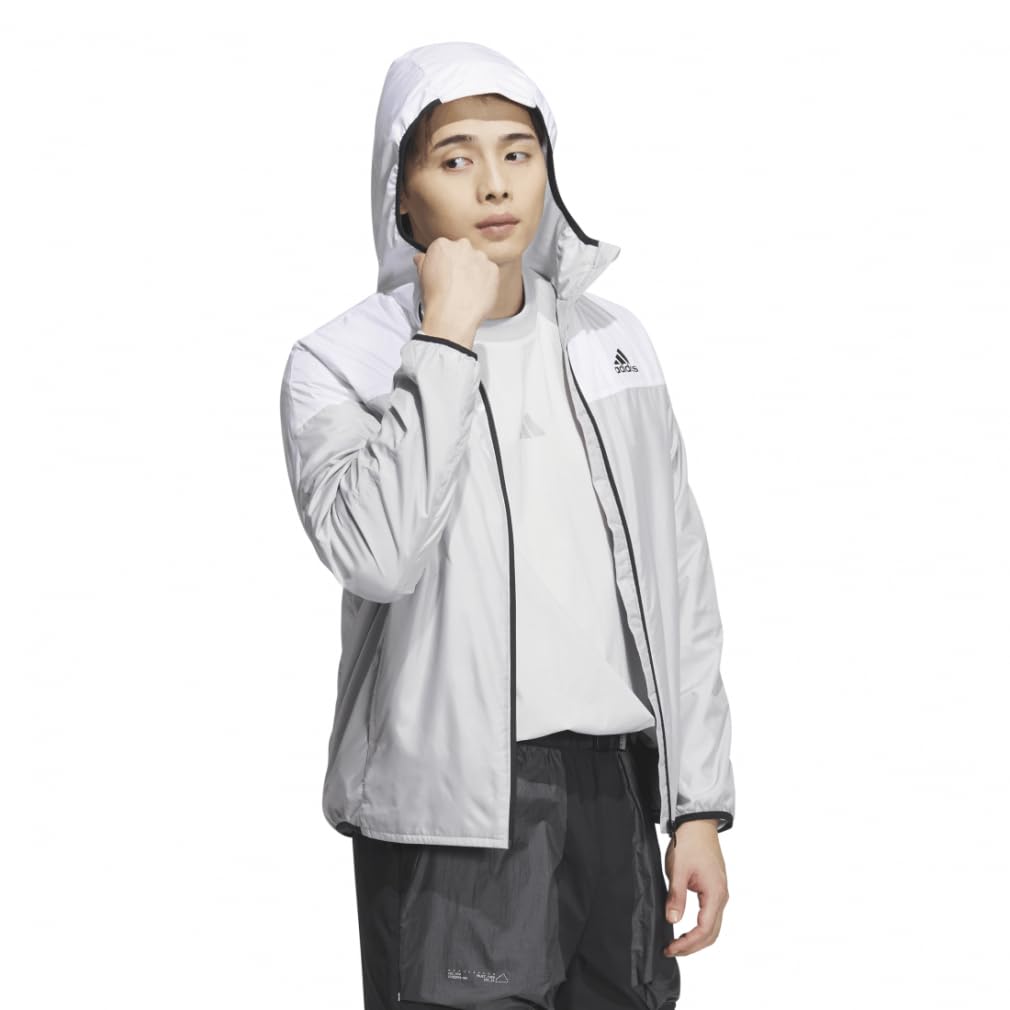 Adidas Rdy Hooded Windbreaker Jacket Light Gray Heather Solid a Jersey Top with a Small Logo and Regular Men's Wind. (KWX77), Gray/White (JG8532),