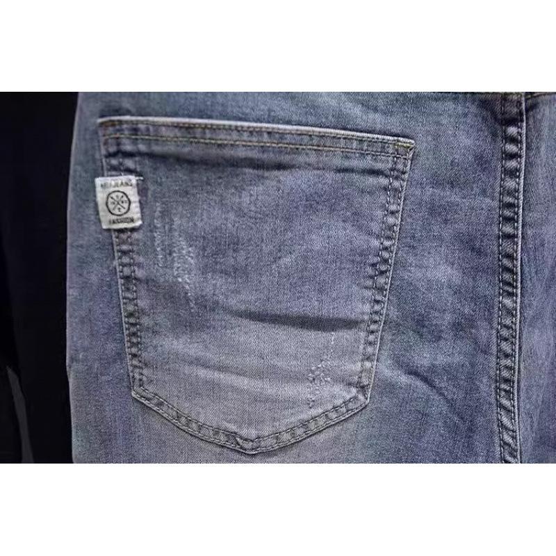 Trendy brand light-colored ripped jeans men's summer thin embroidered Harlan pants elastic casual nine-point pants