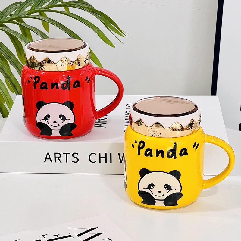 Mirror Ceramic Cup with Lid Cute Cartoon Panda Mug Household Water Cup Gift Souvenir Cup High Appearance
