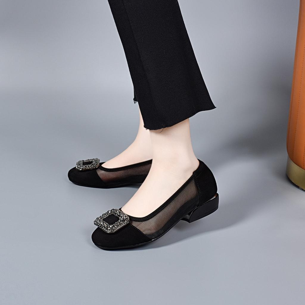 Mesh Einzelne Schuhe Damen Rundkopf Schwarz Eckige Schnalle Strass Ein Pedal Mesh Schuhe Bequeme Flachmünder Flache Schuhe