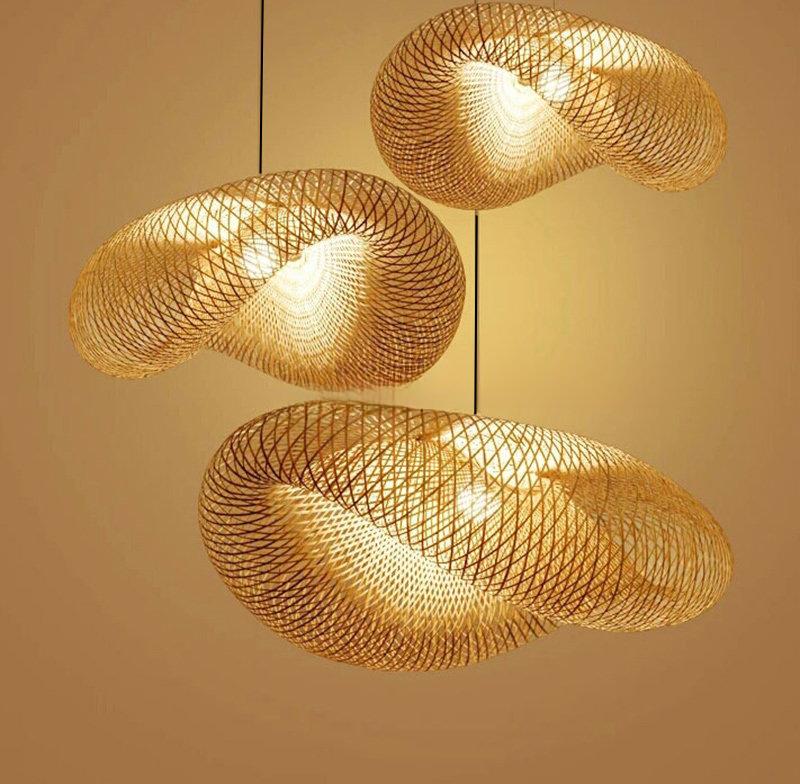 40cm Chinese Handmade Bamboo Suspension Lamp Wicker Rattan Wave Shade Pendant Lamps for Restaurant Aisle Tea Room House Indoor