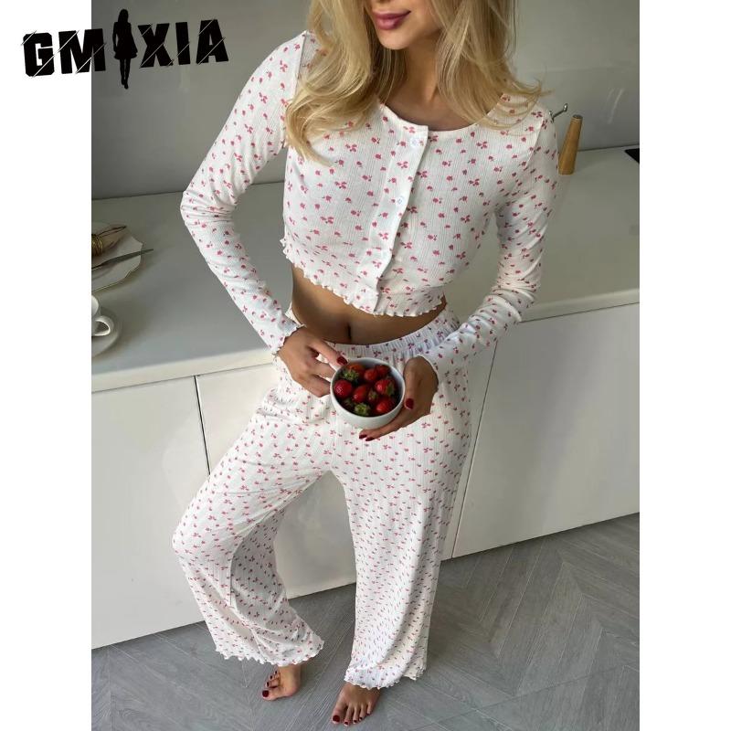 

GMXIA Autumn/Winter Knitted Designer Cotton Printed Long Sleeve Trouser Set XL