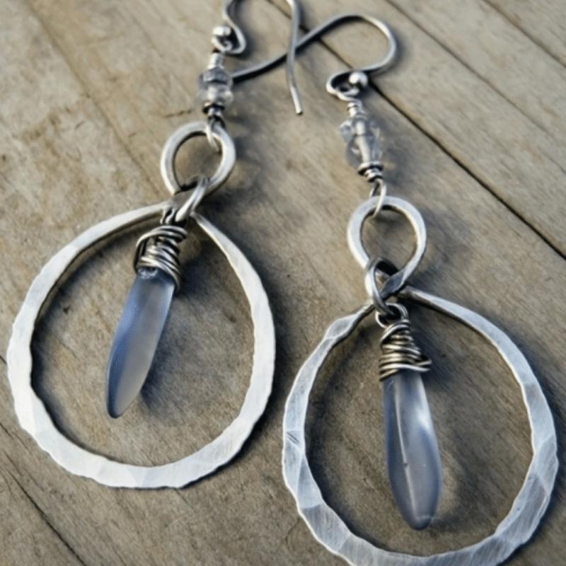 1 Pair Vintage Hammered Coiled Moonstone Dangle Earrings, Alloy Eardrop