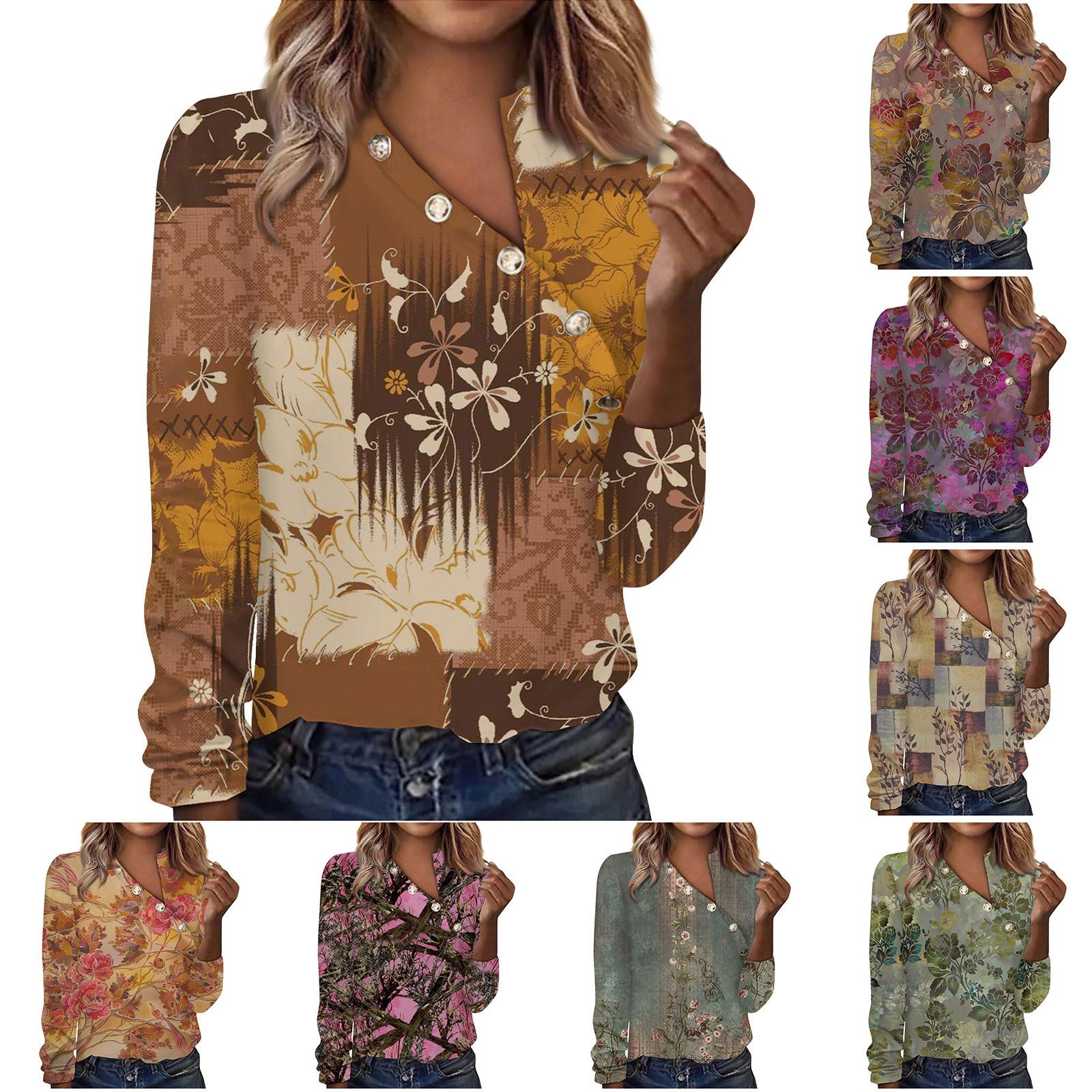 

Женские рубашки, повседневная модная футболка с нестандартным вырезом на пуговицах, модная одежда с v-образным вырезом и принтом, туника, футболка, пуловер