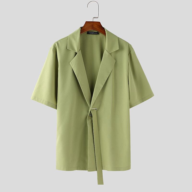 

INCERUN Men Summer Deep V Lapel Short Sleeve One Button Casual Loose Shirts Tops 5XL зелёный