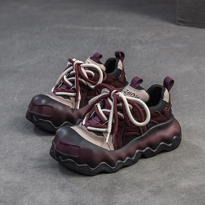 Fashion GKTINOO Sneakers Women Genuine Leather Thick Soled Big Toe Lace-Up Spring Autumn Lady Casual Flat Shoes Handmade Women Shoes