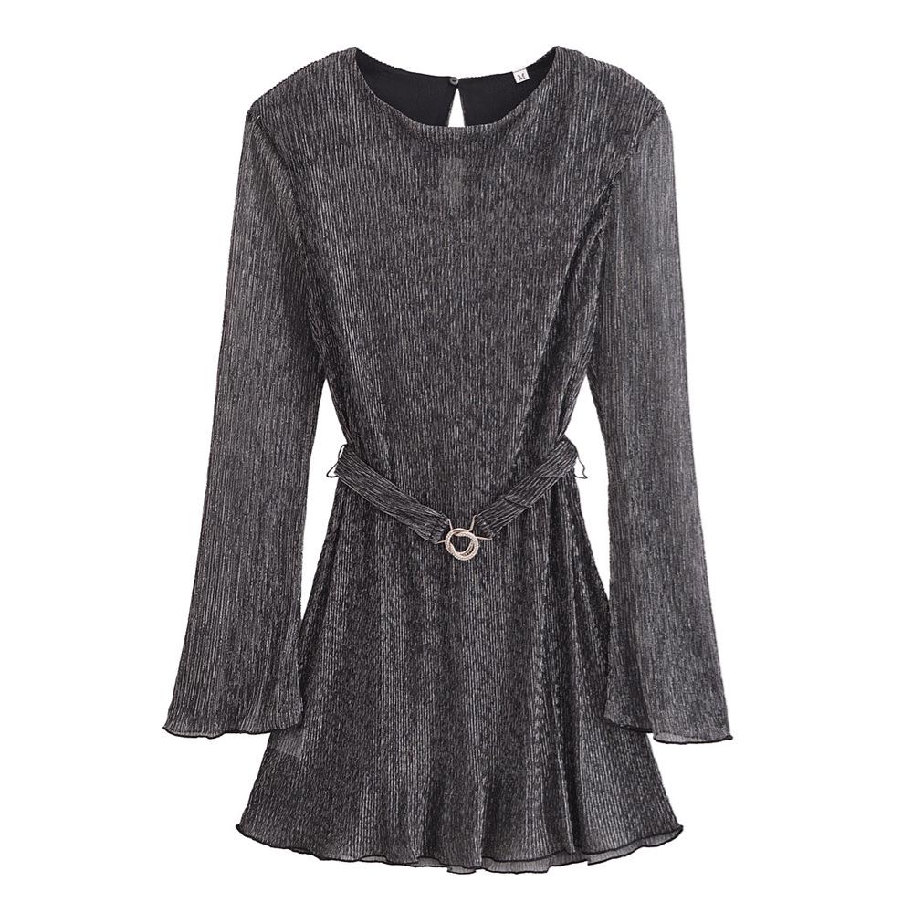 

2025 Spring Women s Slim Fit Pleated Belted Long Sleeve Dress S серый