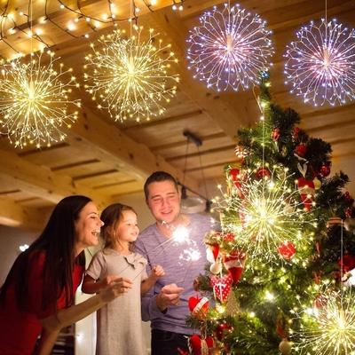 LED-Löwenzahn-Feuerwerk aus Kupfer, 8 Modi, dimmbare Lichterkette mit Fernbedienung, hängende Starburst-Lichter für Partys zu Hause