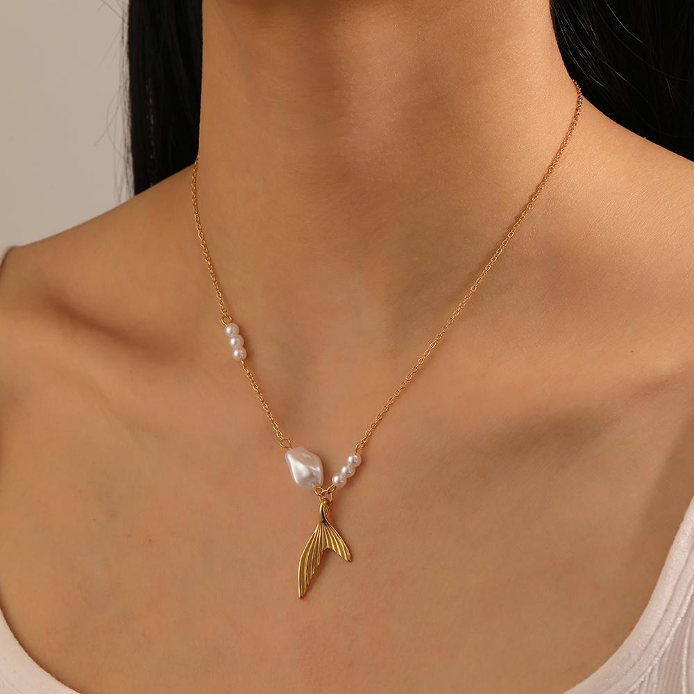 DIEYURO 316L Stainless Steell Pearl Golden Tail Pendant Necklace For Women Lady New Trend Fashion Neck Chain Jewelry Party Gift
