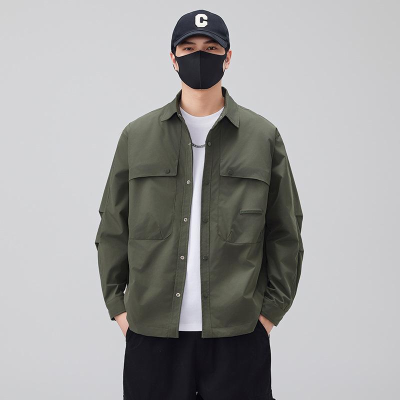 New American Olive Jacket Men'S Retro Lapel Shirt Trendy Big Pockets Loose And Comfortable Coat