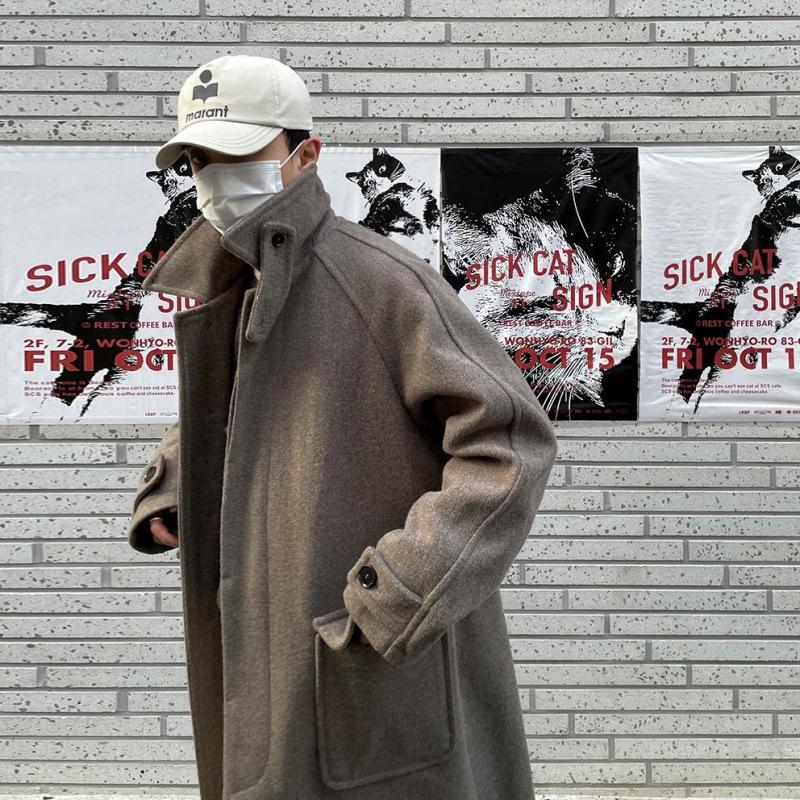 Lapel H-shaped Woolen Coat Men's Winter Thickened Mid-length Coat Korean Style Loose Woolen Windbreaker
