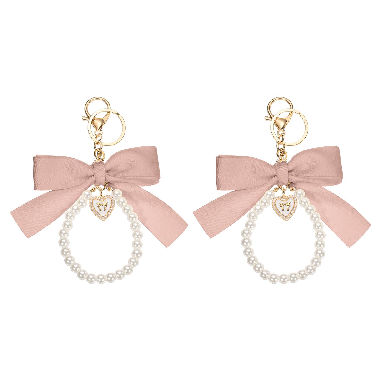 [uxcell] Set of 2 Ribbon Bow Keychains, Cute Pearl Wristband Keychain Bag Accessories, Heart Pendant, Pink
