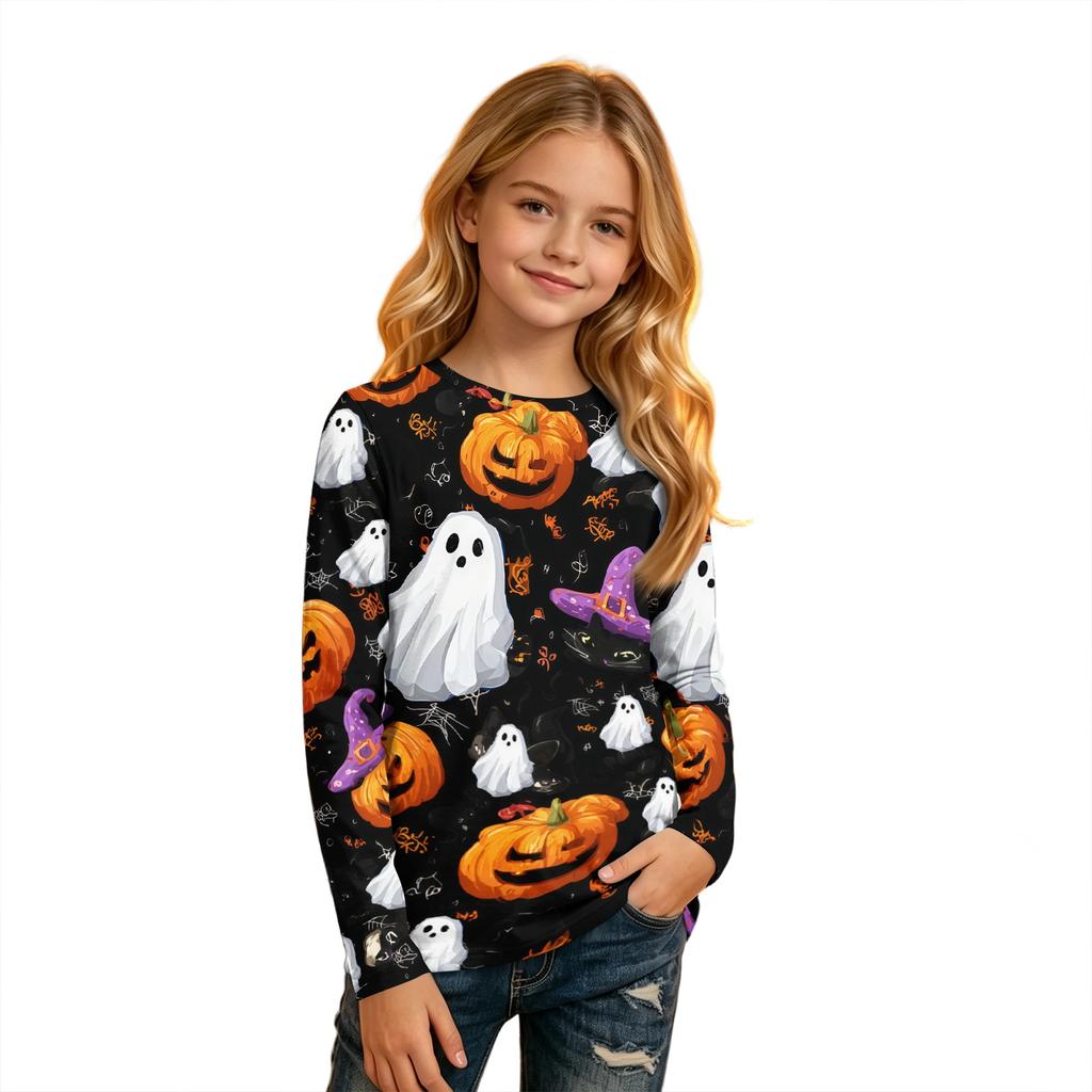 Kids' Long Sleeve Halloween Print T-Shirt with Round Neck for Everyday Wear