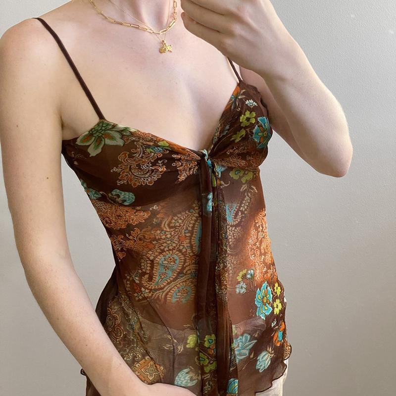 300 Jin Plus Size Women's Vintage Print Tie Camisole Vest Mesh Slim-Fit Top