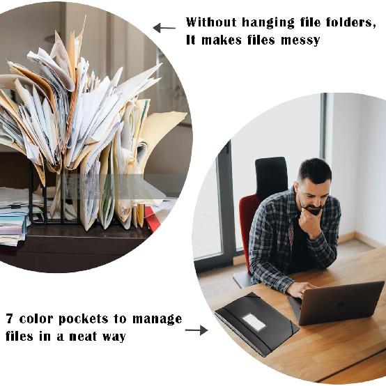 TRANBO 7-Pockets Hanging File Folder with Retractable Hooks for Filing Cabinet, Letter Size Expandable Accordion File Organizer with Elastic Band for