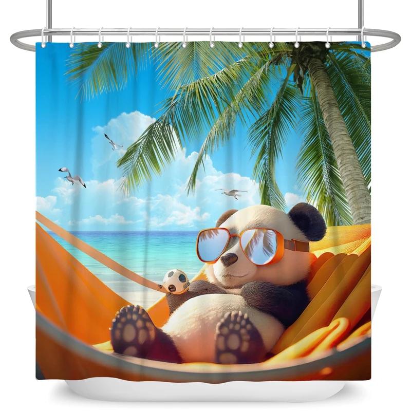 Funny Panda Shower Curtain Cute Pattern Waterproof Polyester Shower Curtain Baby Room Decor Bathtub Curtain Textured With Hooks