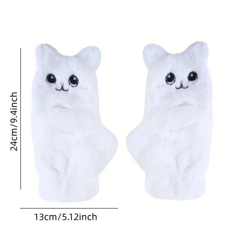 Women Plush Warm Glove Fur Lovely Rabbit Cat Mittens Flip Fingerless Gloves Soft Girls Thick Gloves Flexible Half Finger Winter