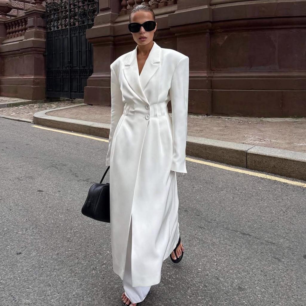 2025 Summer New Cross-border European and American Casual Workplace Elegant Long Trench Coat with Buttons, Elegant Goddess Long Sleeve and Long Pants