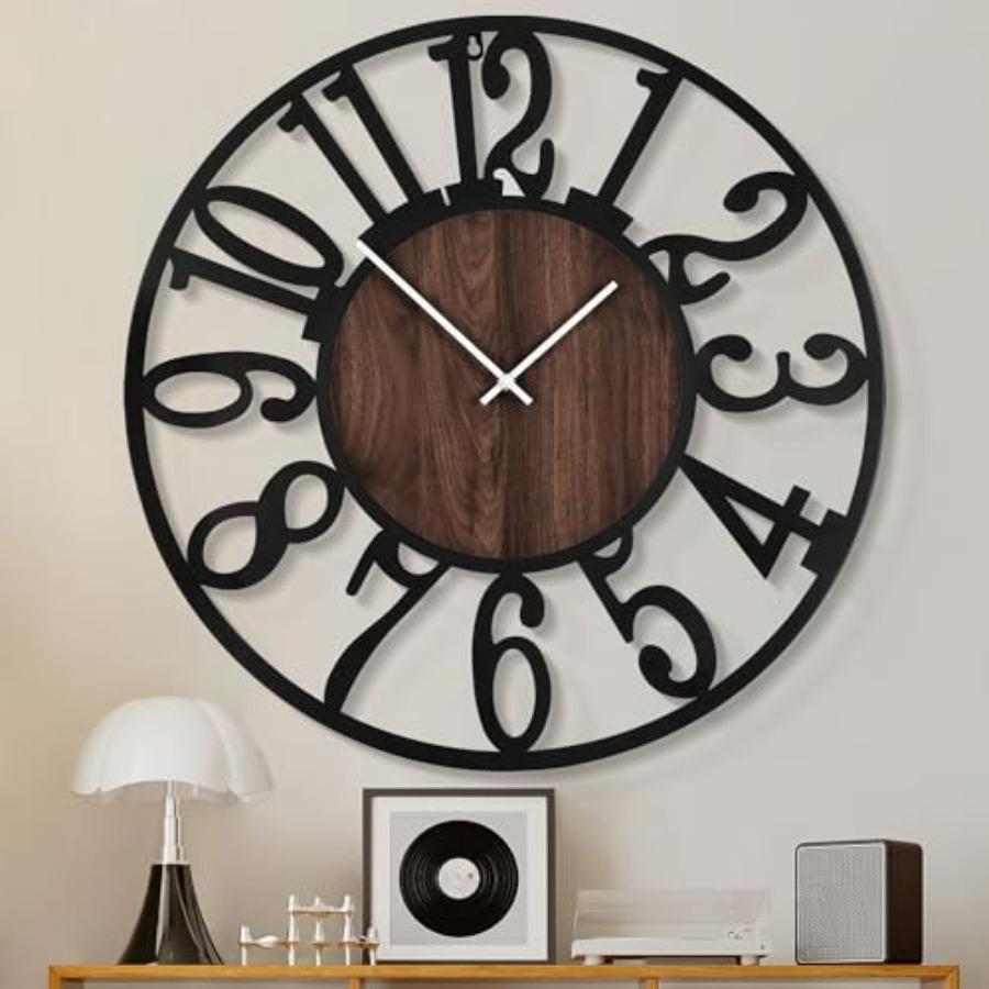 

Large Wall Clock for Living Room Decor- 32 Decorative Antique Silent Little Ticking Battery Operated Black Metal Wood Clocks fo