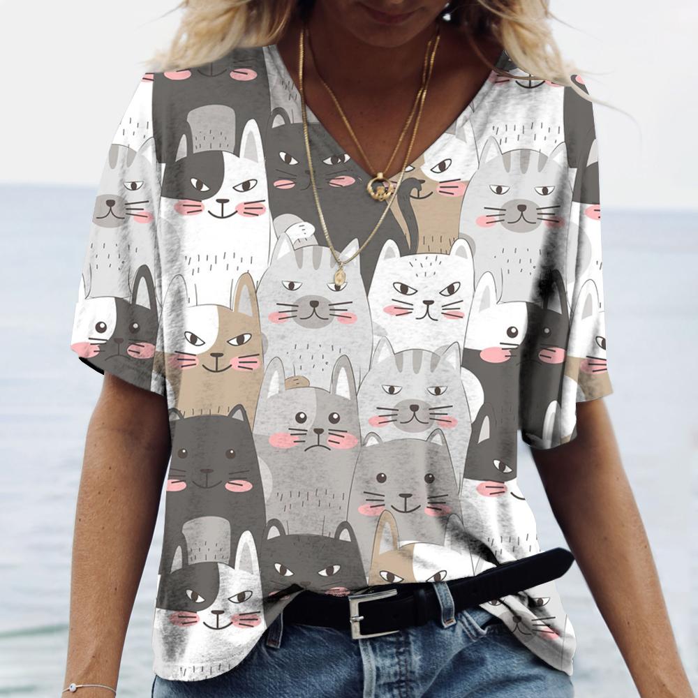 Women's T-Shirts Cartoon Cat Print T-Shirt Harajuku Vintage Short Sleeved Tees V Neck Funny Top Oversized Female Clothing