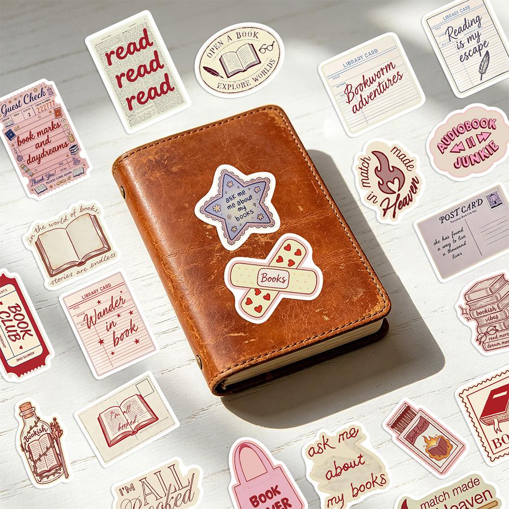 10/30/50pcs Retro Pink Bookish Aesthetic Stickers Cartoon Creative Decals Scrapbook Phone Suitcase Diary Graffiti Sticker Decor